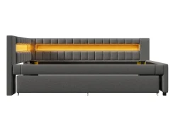 Sofá-cama 90x200 cm - com iluminação LED - com cama articulada - com portas USB + TYPE-C - linho - cinza (colchão não incluído)