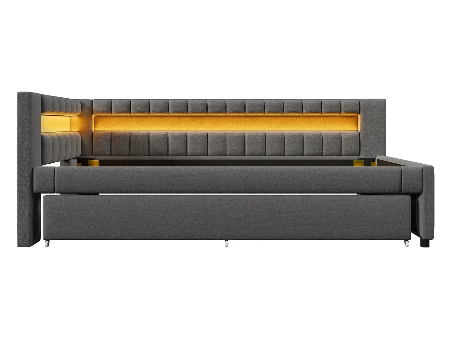 Sofá-cama 90x200 cm - com iluminação LED - com cama articulada - com portas USB + TYPE-C - linho - cinza (colchão não incluído)