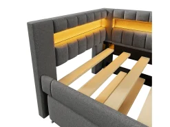 Sofá-cama 90x200 cm - com iluminação LED - com cama articulada - com portas USB + TYPE-C - linho - cinza (colchão não incluído)