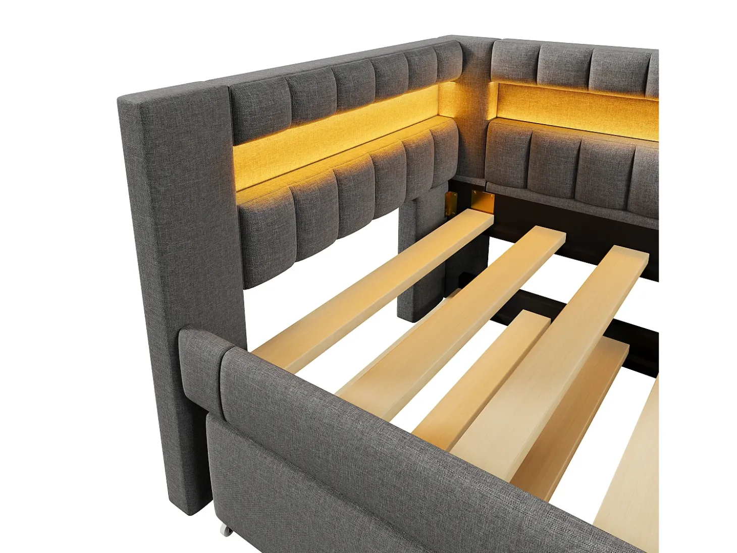 Sofá-cama 90x200 cm - com iluminação LED - com cama articulada - com portas USB + TYPE-C - linho - cinza (colchão não incluído)