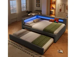 Sofá-cama 140x200 cm - com iluminação LED - com cama articulada - com portas USB + TYPE-C - linho - cinza (colchão não incluído)