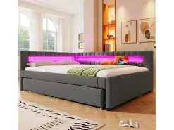 Sofá-cama 140x200 cm - com iluminação LED - com cama articulada - com portas USB + TYPE-C - linho - cinza (colchão não incluído)