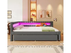 Sofá-cama 140x200 cm - com iluminação LED - com cama articulada - com portas USB + TYPE-C - linho - cinza (colchão não incluído)