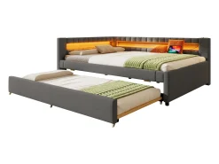 Sofá-cama 140x200 cm - com iluminação LED - com cama articulada - com portas USB + TYPE-C - linho - cinza (colchão não incluído)