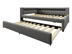 Sofá-cama 140x200 cm - com iluminação LED - com cama articulada - com portas USB + TYPE-C - linho - cinza (colchão não incluído)