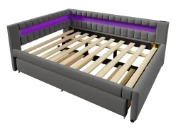 Sofá-cama 140x200 cm - com iluminação LED - com cama articulada - com portas USB + TYPE-C - linho - cinza (colchão não incluído)