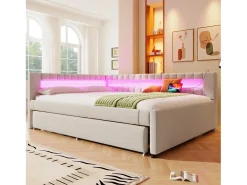 Sofá-cama 140x200 cm - com iluminação LED - com cama articulada - com portas USB + TYPE-C - linho - bege (colchão não incluído)