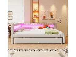 Sofá-cama 140x200 cm - com iluminação LED - com cama articulada - com portas USB + TYPE-C - linho - bege (colchão não incluído)