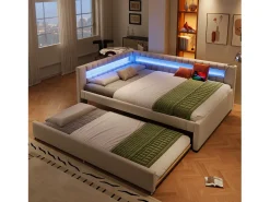Sofá-cama 140x200 cm - com iluminação LED - com cama articulada - com portas USB + TYPE-C - linho - bege (colchão não incluído)