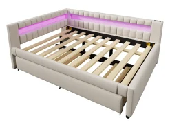 Sofá-cama 140x200 cm - com iluminação LED - com cama articulada - com portas USB + TYPE-C - linho - bege (colchão não incluído)