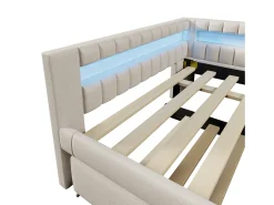 Sofá-cama 140x200 cm - com iluminação LED - com cama articulada - com portas USB + TYPE-C - linho - bege (colchão não incluído)