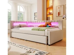 Sofá-cama 90x200 cm - com iluminação LED - com cama articulada - com portas USB + TYPE-C - linho - bege (colchão não incluído)