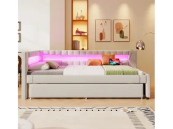 Sofá-cama 90x200 cm - com iluminação LED - com cama articulada - com portas USB + TYPE-C - linho - bege (colchão não incluído)