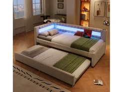 Sofá-cama 90x200 cm - com iluminação LED - com cama articulada - com portas USB + TYPE-C - linho - bege (colchão não incluído)