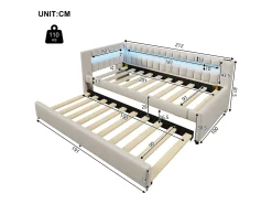 Sofá-cama 90x200 cm - com iluminação LED - com cama articulada - com portas USB + TYPE-C - linho - bege (colchão não incluído)