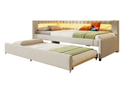 Sofá-cama 90x200 cm - com iluminação LED - com cama articulada - com portas USB + TYPE-C - linho - bege (colchão não incluído)