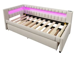 Sofá-cama 90x200 cm - com iluminação LED - com cama articulada - com portas USB + TYPE-C - linho - bege (colchão não incluído)