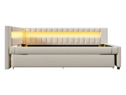 Sofá-cama 90x200 cm - com iluminação LED - com cama articulada - com portas USB + TYPE-C - linho - bege (colchão não incluído)