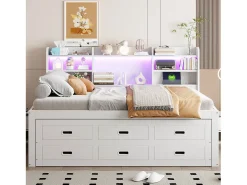 Sofá-cama 140x200 cm - com iluminação LED - 3 gavetas - com USB + Type-C - branco (colchão não incluído)