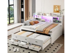 Sofá-cama 140x200 cm - com iluminação LED - 3 gavetas - com USB + Type-C - branco (colchão não incluído)