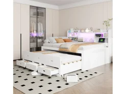 Sofá-cama 140x200 cm - com iluminação LED - 3 gavetas - com USB + Type-C - branco (colchão não incluído)