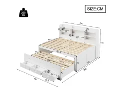 Sofá-cama 140x200 cm - com iluminação LED - 3 gavetas - com USB + Type-C - branco (colchão não incluído)