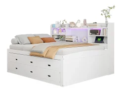 Sofá-cama 140x200 cm - com iluminação LED - 3 gavetas - com USB + Type-C - branco (colchão não incluído)