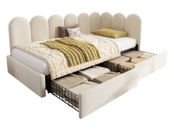 Sofá-cama 90x190 cm - con 2 gavetas - tecido de veludo - con somier de ripas - Bege​ (sem colchão)