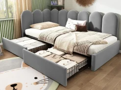 Sofá-cama 90x200 cm - con 2 gavetas - tecido de veludo - con somier de ripas - Cinza​ (sem colchão)