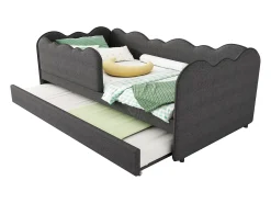 Sofá-cama 90x190 cm - con cama aninhada 90x190 cm - decoração de ondas - con somier de ripas - Linho - Cinza​ (sem colchão)