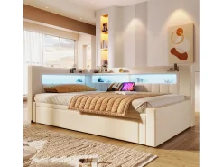 Sofá-cama 90x200 cm (180 x 200 cm) - com estrutura de cama dobrável - con USB + Type-C - con iluminação LED - bege​ (colchão não incluído)