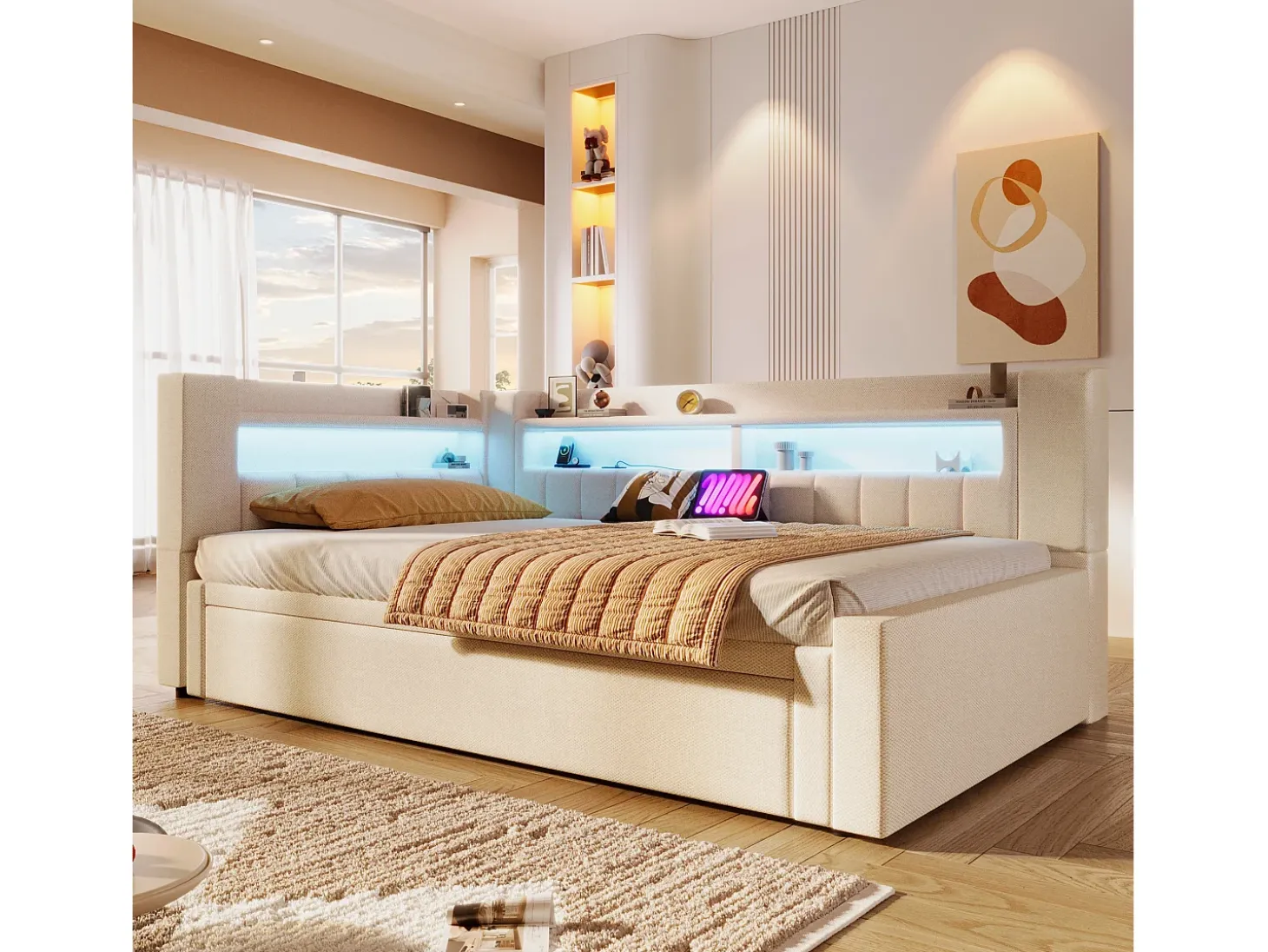 Sofá-cama 90x200 cm (180 x 200 cm) - com estrutura de cama dobrável - con USB + Type-C - con iluminação LED - bege (colchão não incluído)