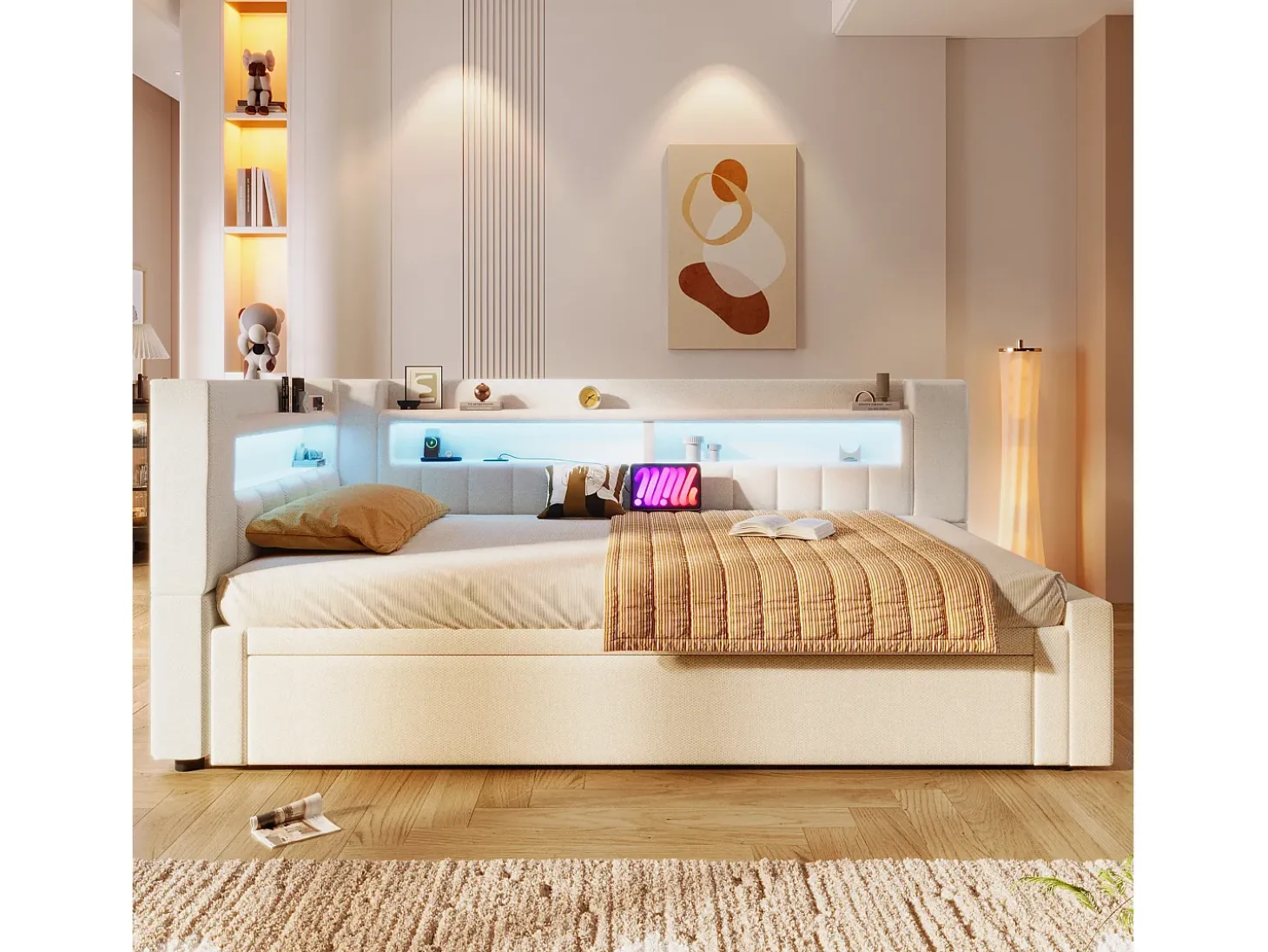 Sofá-cama 90x200 cm (180 x 200 cm) - com estrutura de cama dobrável - con USB + Type-C - con iluminação LED - bege (colchão não incluído)