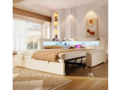 Sofá-cama 90x200 cm (180 x 200 cm) - com estrutura de cama dobrável - con USB + Type-C - con iluminação LED - bege (colchão não incluído)
