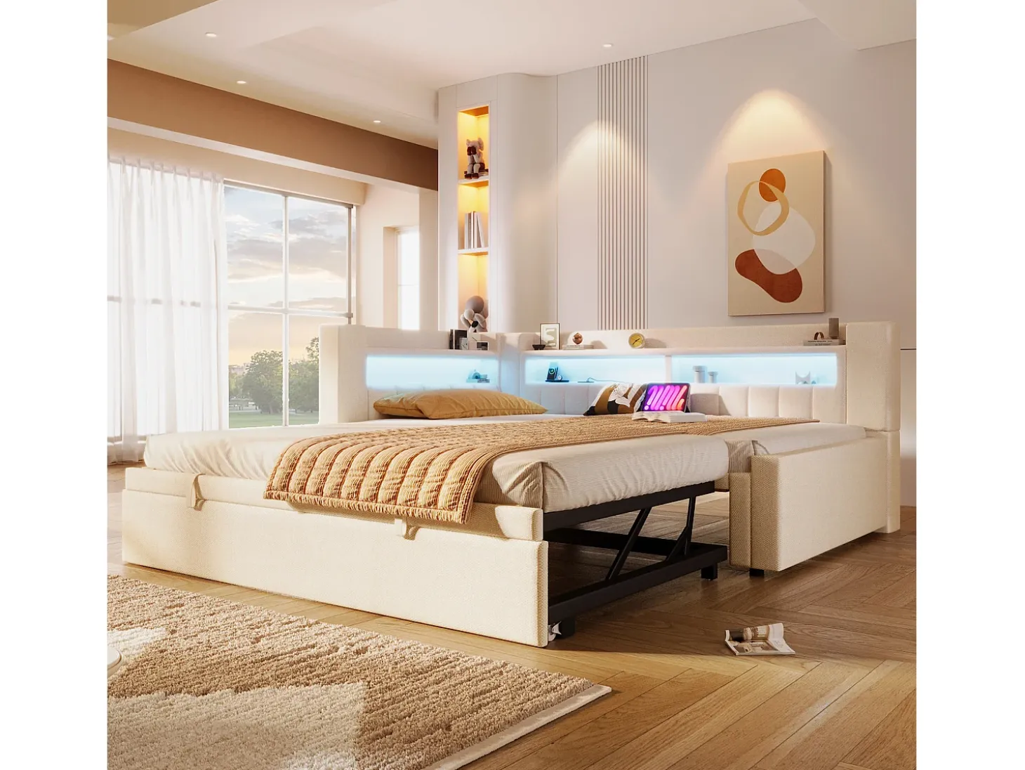 Sofá-cama 90x200 cm (180 x 200 cm) - com estrutura de cama dobrável - con USB + Type-C - con iluminação LED - bege (colchão não incluído)