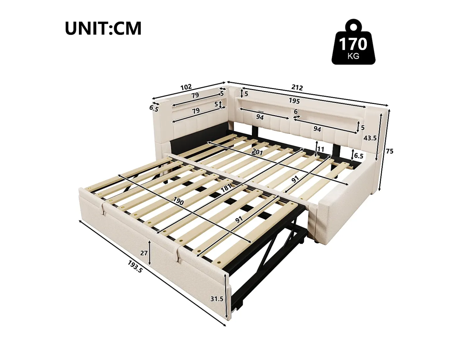 Sofá-cama 90x200 cm (180 x 200 cm) - com estrutura de cama dobrável - con USB + Type-C - con iluminação LED - bege (colchão não incluído)