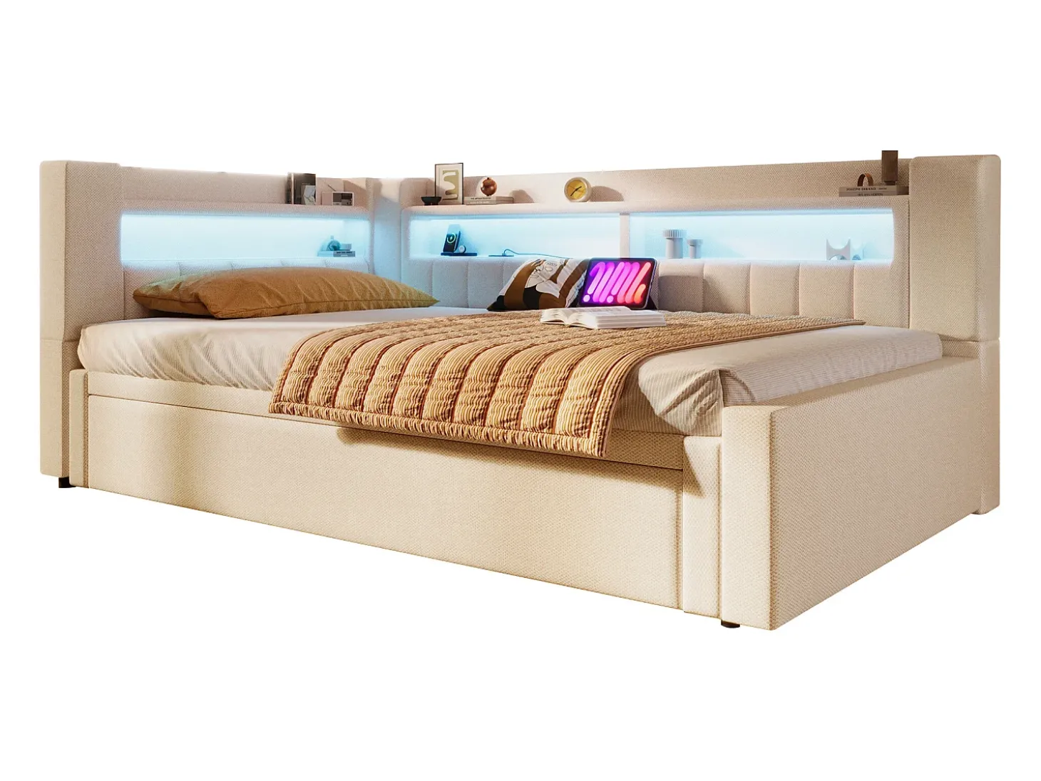 Sofá-cama 90x200 cm (180 x 200 cm) - com estrutura de cama dobrável - con USB + Type-C - con iluminação LED - bege (colchão não incluído)