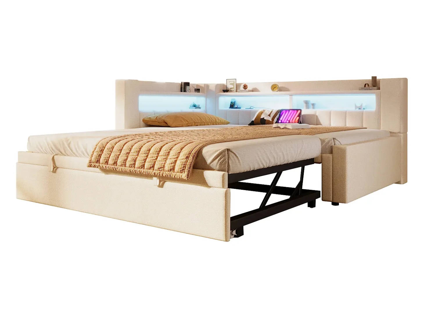 Sofá-cama 90x200 cm (180 x 200 cm) - com estrutura de cama dobrável - con USB + Type-C - con iluminação LED - bege (colchão não incluído)