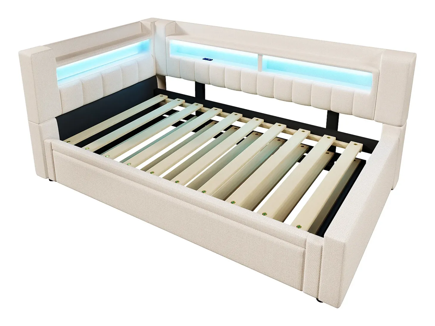 Sofá-cama 90x200 cm (180 x 200 cm) - com estrutura de cama dobrável - con USB + Type-C - con iluminação LED - bege (colchão não incluído)