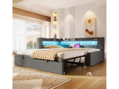 Sofá-cama 90x200 cm (180 x 200 cm) - com estrutura de cama dobrável - con USB + Type-C - con iluminação LED - cinza​ (colchão não incluído)
