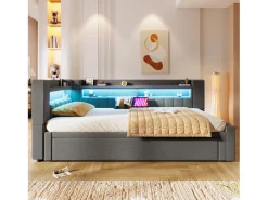 Sofá-cama 90x200 cm (180 x 200 cm) - com estrutura de cama dobrável - con USB + Type-C - con iluminação LED - cinza​ (colchão não incluído)