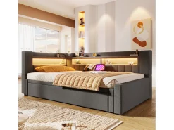 Sofá-cama 90x200 cm (180 x 200 cm) - com estrutura de cama dobrável - con USB + Type-C - con iluminação LED - cinza​ (colchão não incluído)