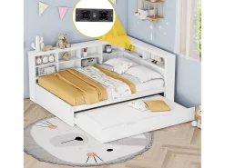 Sofá-cama 140x200 cm com bicama 90x190 cm - com USB e vários espaços de arrumação - em madeira maciça - Branco