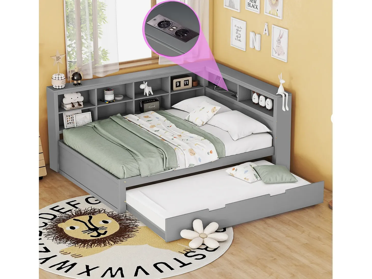 Sofá-cama 140x200 cm com bicama 90x190 cm - com USB e vários espaços de arrumação - em madeira maciça - Cinzento