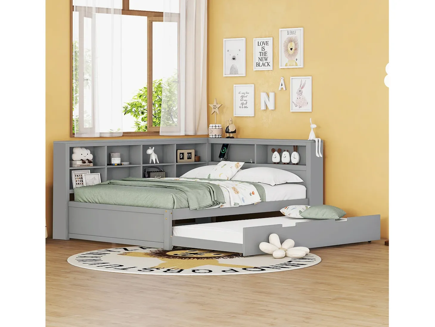 Sofá-cama 140x200 cm com bicama 90x190 cm - com USB e vários espaços de arrumação - em madeira maciça - Cinzento