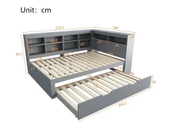 Sofá-cama 140x200 cm com bicama 90x190 cm - com USB e vários espaços de arrumação - em madeira maciça - Cinzento