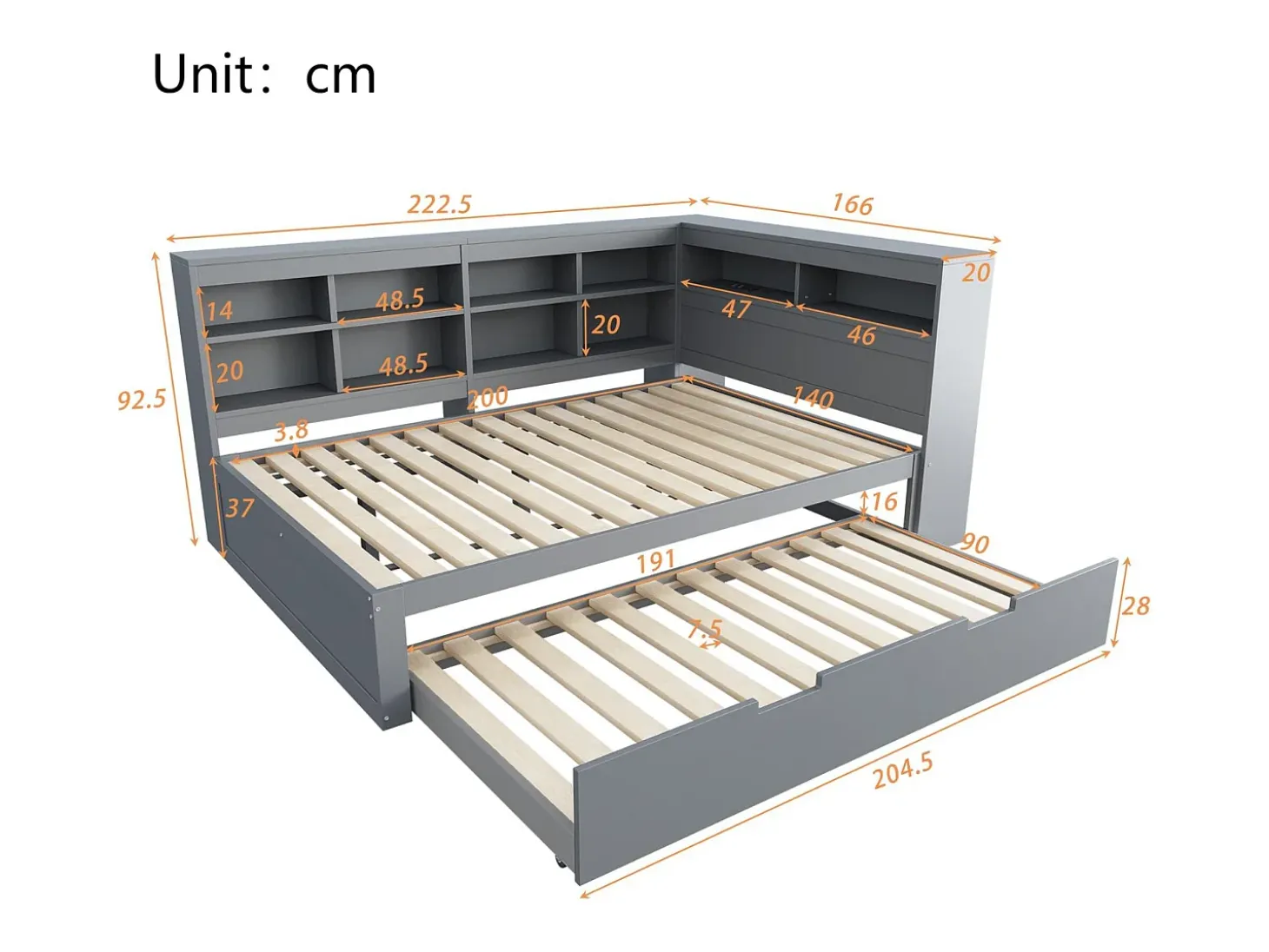Sofá-cama 140x200 cm com bicama 90x190 cm - com USB e vários espaços de arrumação - em madeira maciça - Cinzento