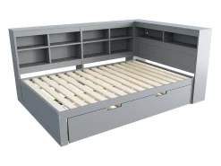 Sofá-cama 140x200 cm com bicama 90x190 cm - com USB e vários espaços de arrumação - em madeira maciça - Cinzento