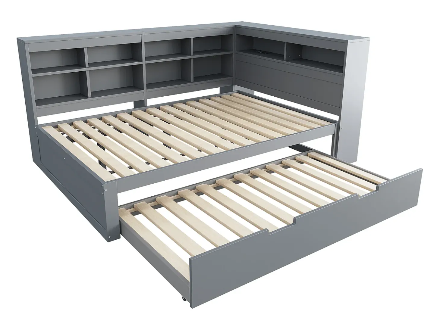 Sofá-cama 140x200 cm com bicama 90x190 cm - com USB e vários espaços de arrumação - em madeira maciça - Cinzento