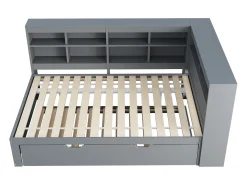 Sofá-cama 140x200 cm com bicama 90x190 cm - com USB e vários espaços de arrumação - em madeira maciça - Cinzento